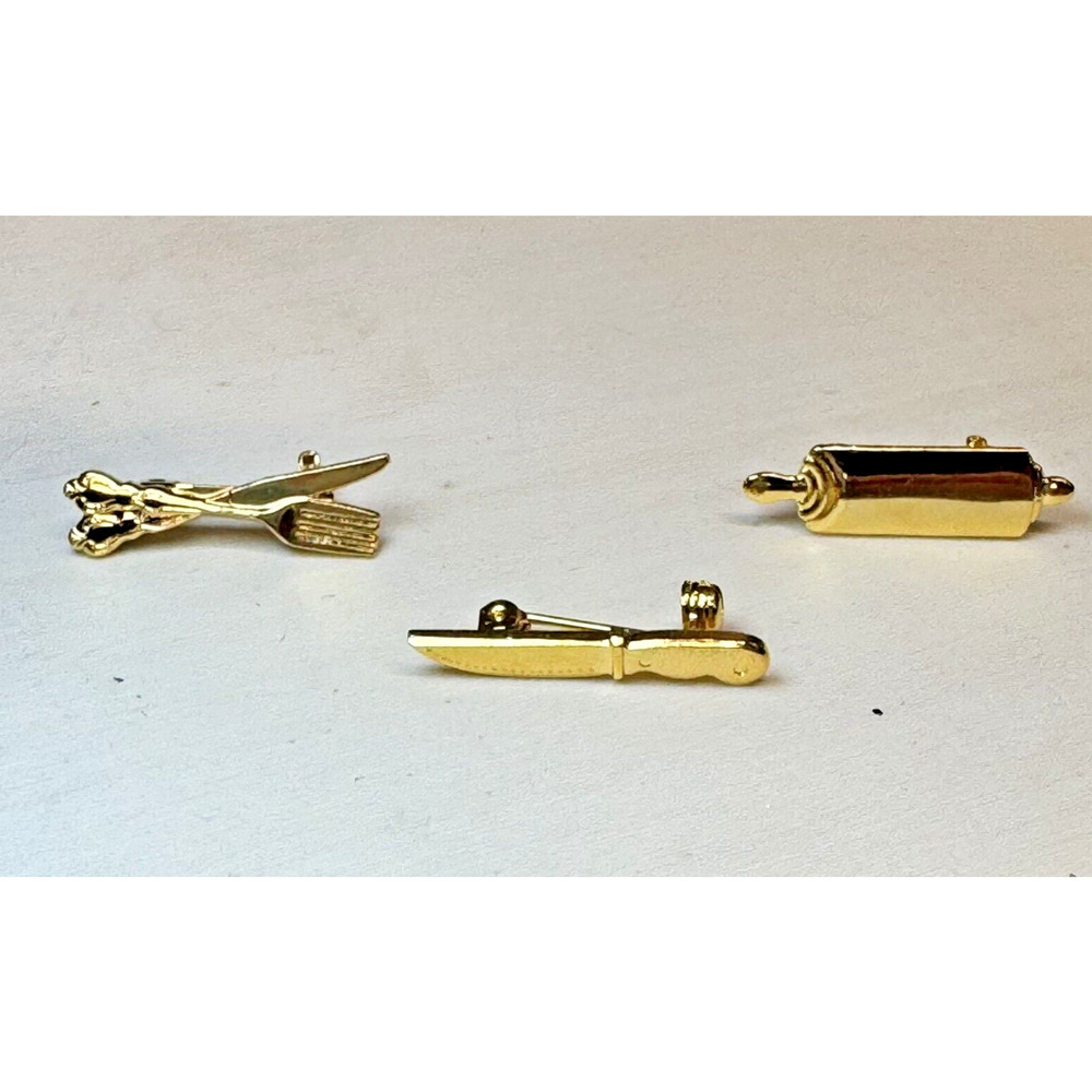 Vintage Gold Tone Knife‎ Fork Spoon Rolling Pin Lapel Hat Pins Novelty Set of 3